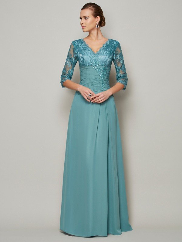 A-Line/Princess V-neck 3/4 Sleeves Lace Long Chiffon Mother of the Bride Dresses TPP0007274