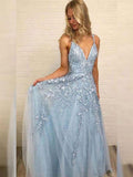 A-Line/Princess V-neck Sleeveless Floor-Length Applique Tulle Dresses TPP0002176