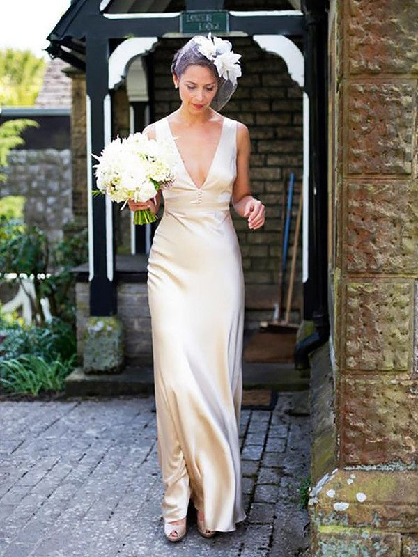 Sheath/Column Satin Sleeveless V-neck Floor-Length Wedding Dresses TPP0006583