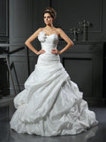 Ball Gown Sweetheart Hand-Made Flower Sleeveless Long Satin Wedding Dresses TPP0006890