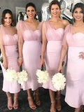 Sheath/Column One-Shoulder Satin Ruffles Sleeveless Tea-Length Bridesmaid Dresses TPP0005586