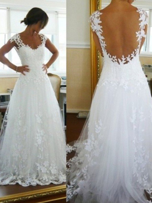 A-Line/Princess V-neck Sweep/Brush Train Lace Sleeveless Tulle Wedding Dresses TPP0006075