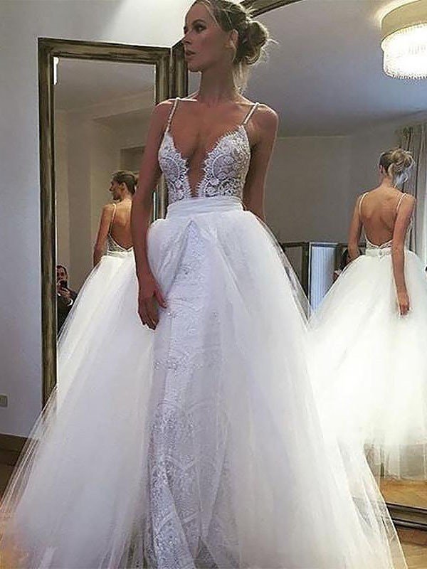 A-Line/Princess Tulle Lace Spaghetti Straps Sleeveless Floor-Length Wedding Dresses TPP0006158