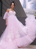 A-Line/Princess Tulle Applique Sweetheart Short Sleeves Court Train Wedding Dresses TPP0006133