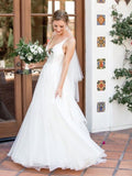 A-Line/Princess V-neck Sleeveless Sweep/Brush Train Ruffles Tulle Wedding Dresses TPP0006320