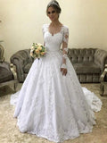 Ball Gown V-neck Long Sleeves Court Train Applique Satin Wedding Dresses TPP0006305