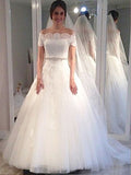 Ball Gown Off-the-Shoulder Short Sleeves Tulle Floor-Length Wedding Dresses TPP0006269