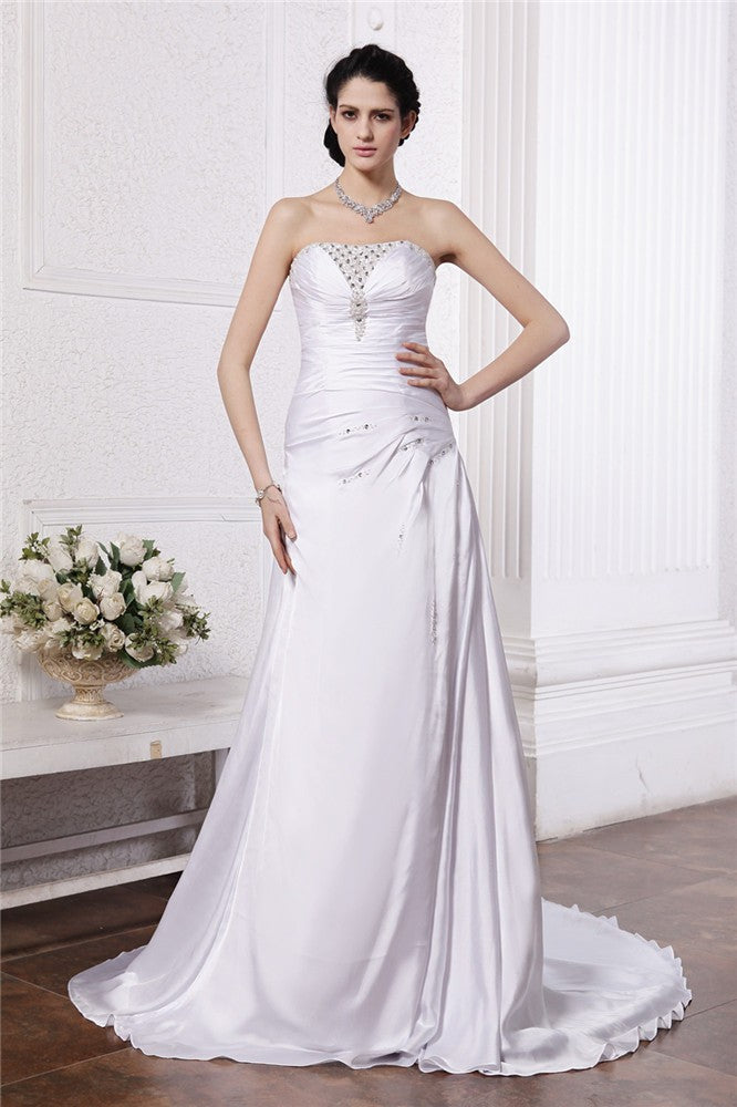 A-Line/Princess Strapless Sleeveless Beading Ruffles Long Silk like Satin Wedding Dresses TPP0006968