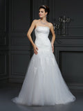 Sheath/Column Strapless Lace Sleeveless Long Satin Wedding Dresses TPP0006827