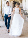 A-Line/Princess Tulle Sash/Ribbon/Belt Halter Sleeveless Floor-Length Wedding Dresses TPP0006537