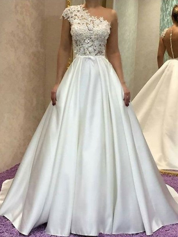 A-Line/Princess Sleeveles Sweep/Brush Train Lace Satin Wedding Dresses TPP0006046