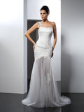 Trumpet/Mermaid One-Shoulder Lace Sleeveless Long Lace Wedding Dresses TPP0006558