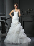 Trumpet/Mermaid Sweetheart Ruffles Sleeveless Long Satin Wedding Dresses TPP0006435
