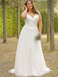 A-Line/Princess Short Sleeves Tulle Applique V-neck Sweep/Brush Train Plus Size Wedding Dresses TPP0006821