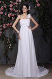 A-Line/Princess One-Shoulder Sleeveless Hand-Made Flower Ruffles Long Chiffon Wedding Dresses TPP0006989
