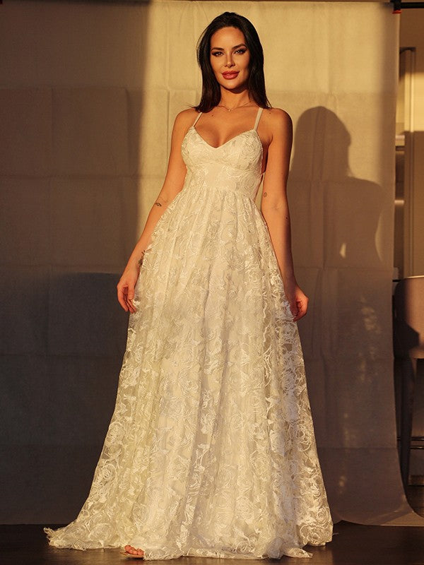 A-Line/Princess Lace Applique V-neck Sleeveless Sweep/Brush Train Wedding Dresses TPP0006060