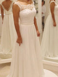 A-Line/Princess Chiffon Bowknot Lace Scoop Sleeveless Sweep/Brush Train Wedding Dresses TPP0006649