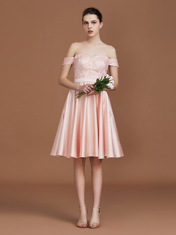 A-Line/Princess Applique Sweetheart Knee-Length Off-the-Shoulder Satin Bridesmaid Dresses TPP0005680