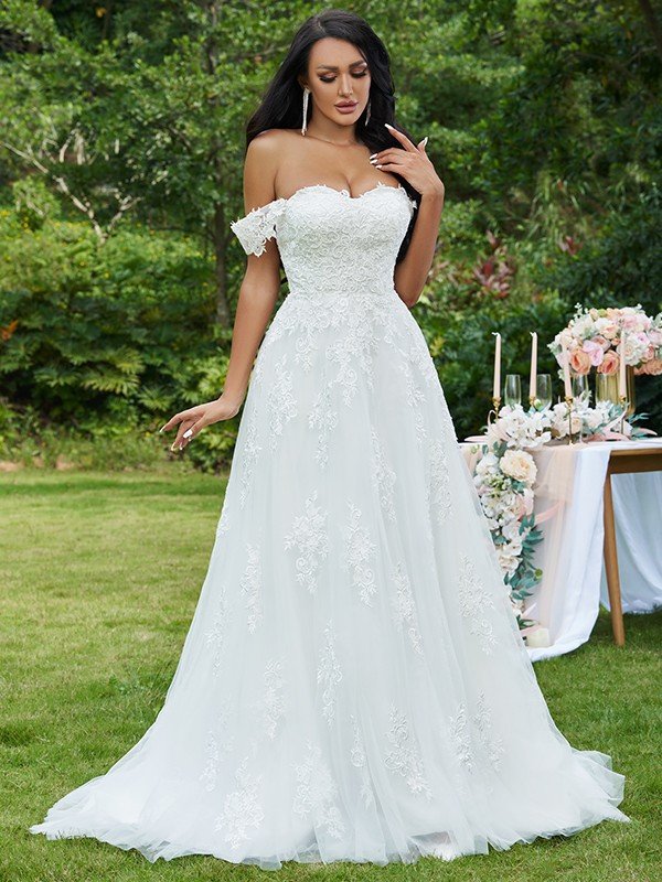 A-Line/Princess Lace Applique Off-the-Shoulder Sleeveless Sweep/Brush Train Wedding Dresses TPP0005911
