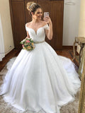 Ball Gown Off-the-Shoulder Sash/Ribbon/Belt Tulle Court Train Sleeveless Wedding Dresses TPP0006937