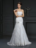 Sheath/Column Strapless Applique Sleeveless Long Satin Wedding Dresses TPP0006886