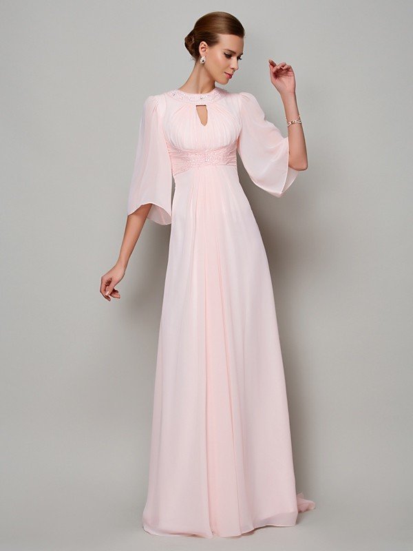 A-Line/Princess High Neck 1/2 Sleeves Beading Long Chiffon Mother of the Bride Dresses TPP0007088