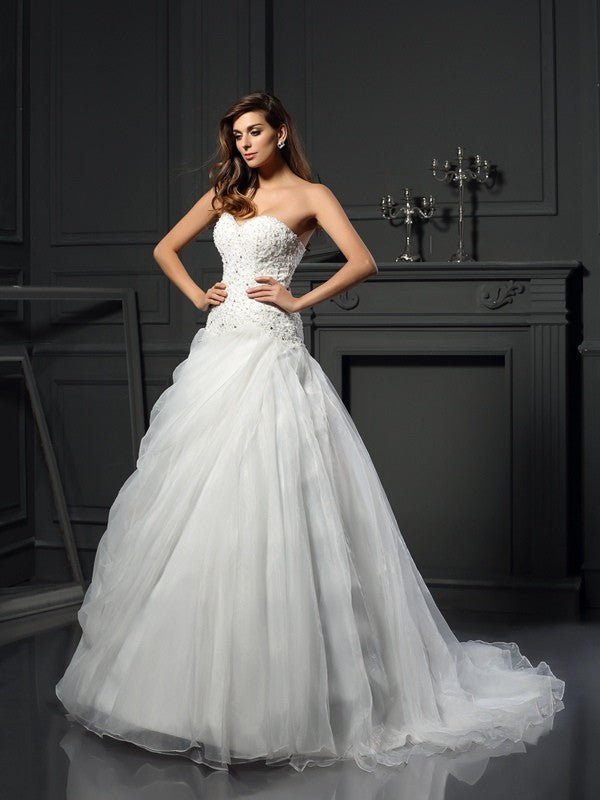 Ball Gown Sweetheart Ruffles Sleeveless Long Organza Wedding Dresses TPP0006503