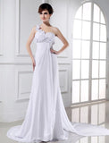 A-Line/Princess One-shoulder Beading Hand-made Flower Sleeveless Chiffon Wedding Dresses TPP0006896