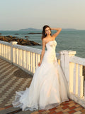 Ball Gown Strapless Hand-Made Flower Sleeveless Long Satin Beach Wedding Dresses TPP0006336