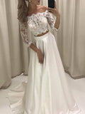 A-Line/Princess 3/4 Sleeves Off-the-Shoulder Court Train Applique Satin Wedding Dresses TPP0006556
