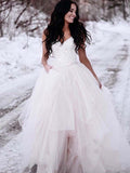 A-Line/Princess Ruched Tulle V-neck Sleeveless Floor-Length Wedding Dresses TPP0005916