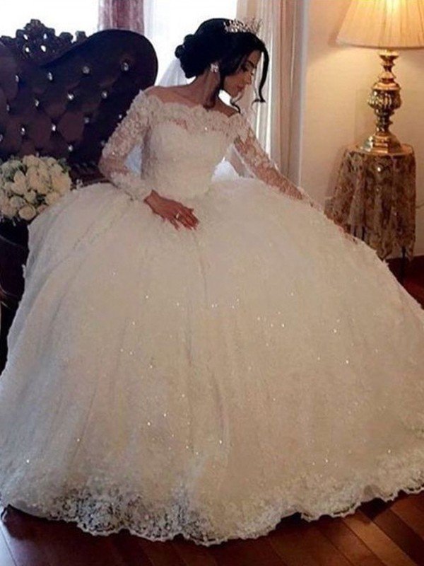 Ball Gown Bateau Long Sleeves Floor-Length Lace Wedding Dresses TPP0005988