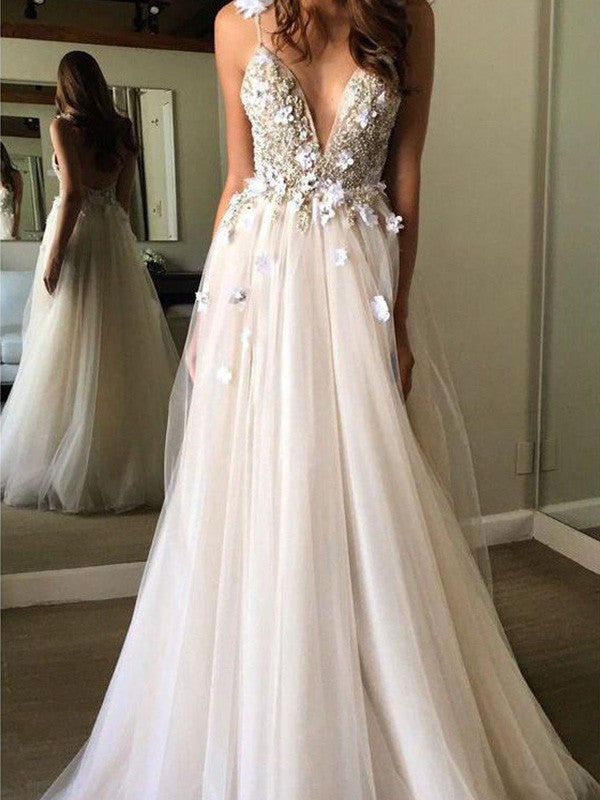 A-Line/Princess Tulle Beading V-neck Sleeveless Floor-Length Wedding Dresses TPP0006800