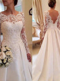 Ball Gown Scoop Long Sleeves Lace Court Train Satin Wedding Dresses TPP0006053