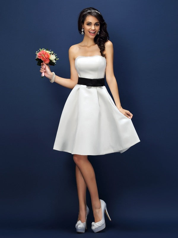A-Line/Princess Strapless Sash/Ribbon/Belt Sleeveless Short Satin Bridesmaid Dresses TPP0005705