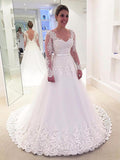 A-Line/Princess V-neck Applique Lace Long Sleeves Tulle Sweep/Brush Train Wedding Dresses TPP0006605