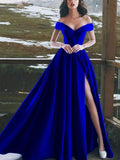 A-Line/Princess Sleeveless Off-the-Shoulder Floor-Length Ruffles Satin Dresses TPP0002058