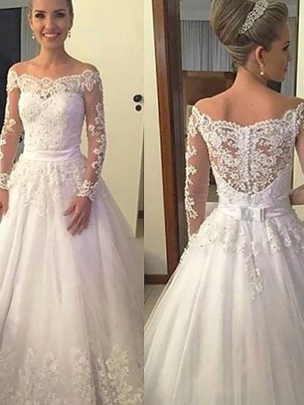 Ball Gown Tulle Applique Off-the-Shoulder Long Sleeves Court Train Wedding Dresses TPP0006671