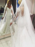 Sheath/Column V-neck Long Sleeves Sweep/Brush Train Lace Wedding Dresses TPP0006144