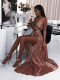 A-Line/Princess Sleeveless V-neck Floor-Length Ruffles Sequins Dresses TPP0002055