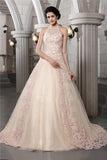 A-Line/Princess High Neck Sleeveless Beading Applique Long Net Wedding Dresses TPP0006620
