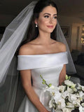 A-Line/Princess Off-the-Shoulder Sleeveless Sweep/Brush Train Ruffles Satin Wedding Dresses TPP0005973