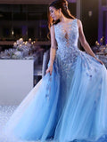 Ball Gown Sleeveless Scoop Sweep/Brush Train Applique Tulle Dresses TPP0002139
