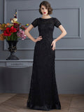 Sheath/Column High Neck Short Sleeves Lace Long Elastic Woven Satin Dresses TPP0003016