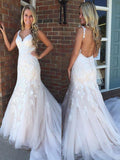 Trumpet/Mermaid V-neck Sleeveless Sweep/Brush Train Applique Tulle Wedding Dresses TPP0006434
