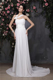 Sheath/Column Halter Sleeveless Hand-Made Flower Pleats Long Chiffon Wedding Dresses TPP0006972