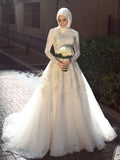 Ball Gown Jewel Long Sleeves Sweep/Brush Train Applique Tulle Wedding Dresses TPP0006949