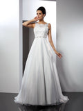 A-Line/Princess Scoop Ruffles Sleeveless Long Satin Wedding Dresses TPP0006433