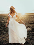 A-Line/Princess Short Sleeves V-neck Straps Floor-Length Ruffles Chiffon Wedding Dresses TPP0006347