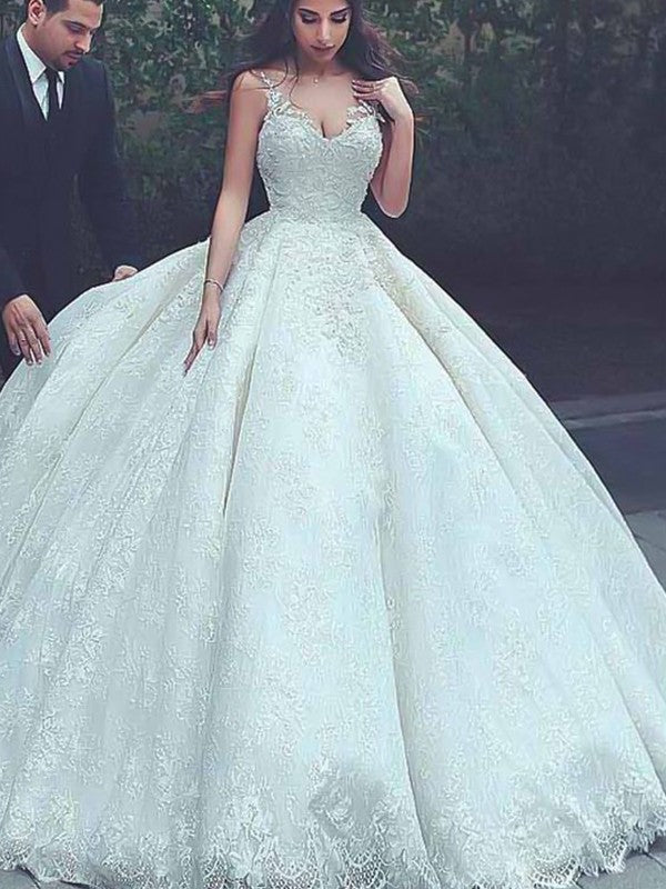 Ball Gown Spaghetti Straps Sleeveless Sweep/Brush Train Lace Tulle Wedding Dresses TPP0006490